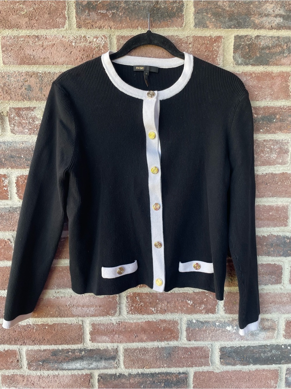 Maje Black Cardigan with White Trim and Gold Buttons